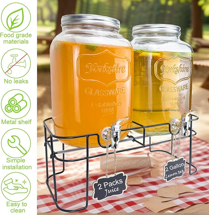 2 Gallon Larger Glass Drink Dispenser for Parties, 2 Packs Juice Lemonade Ice Tea Water Dispenser with Stand, HENABLE Beverage Dispensers with Spigot for BBQ, Picnic, Party