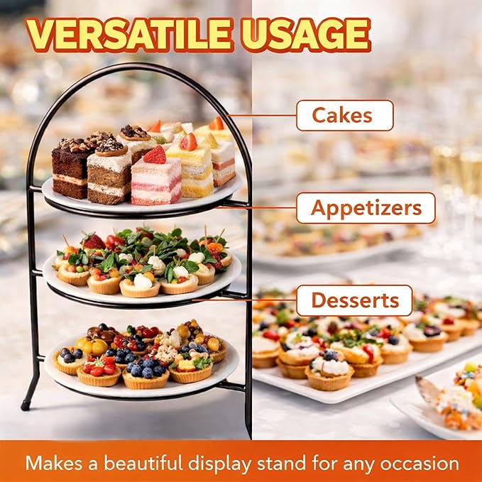 Creative Home Iron Works 3-Tier Metal Dinner Plate Rack Cake Stand Dessert Cupcake Tea Party Serving Platter Stand for Home Gathering Wedding Party, 10.4" L x 12.9" W x 20" H, for 10 Inch Plate Only