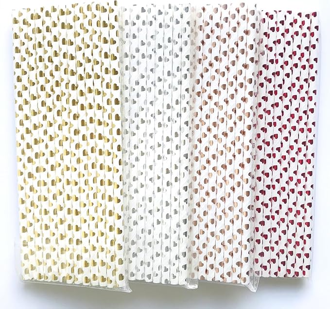 100 pcs Mixed Glitter Colorful Party Paper Straws, Metallic Rose Gold Golden Silver Red Foil Heart Drinking Straws, Valentine Anniversary Wedding Valentine's Day Cake Pop Sticks (Metallic Heart)