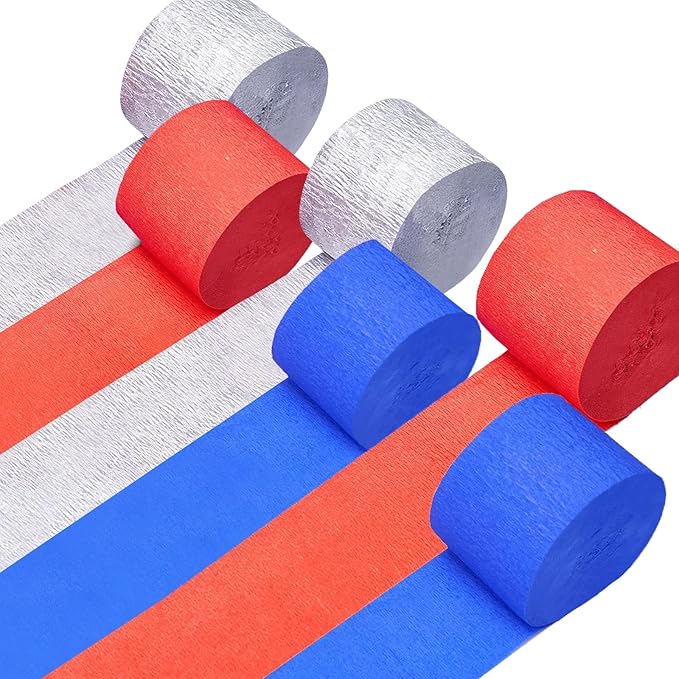 Crepe Paper Streamers 6 Rolls 492 ft,Blue Red Silver Streamer American Party Decorations,for Birthday Decorations,Rainbow DIY, Boy's Birthday Decoration American Theme Party