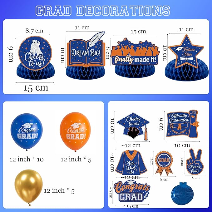 Blue Orange Gold Balloons GRAD Print Balloons with Banner Table Honeycomb Centerpieces Hanging Swirl star GRAD Letters Mylar Balloons for 2026 graduate Prom Decorations