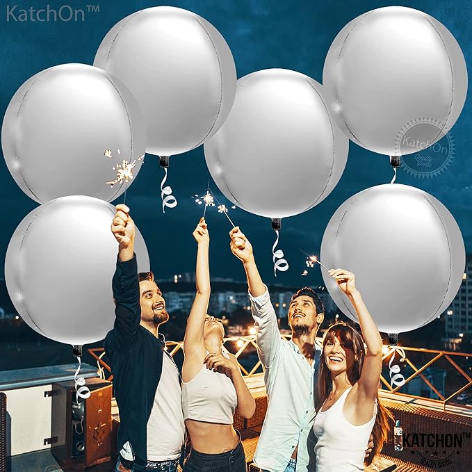 KatchOn Large Silver Balloons - 22 Inch, Pack of 6 | 4D Round Mylar Balloons for Birthday Decorations