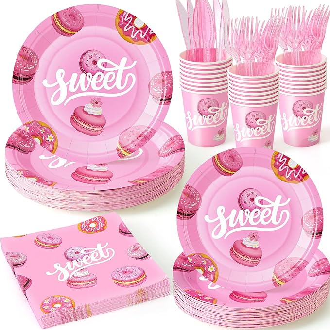 144Pcs Pink Donut Birthday Party Supplies Decorations Sweet Themed Paper Plates Napkins Vintage Party Tableware Disposable Dinnerware for Girl Kid Birthday Baby Shower Table Decor, Serve 24