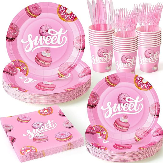 144Pcs Pink Donut Birthday Party Supplies Decorations Sweet Themed Paper Plates Napkins Vintage Party Tableware Disposable Dinnerware for Girl Kid Birthday Baby Shower Table Decor, Serve 24