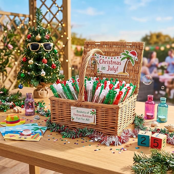 Lunmon 120 Pcs Christmas in July Mini Bubble Wands Bulk Christmas in July Party Favors Bubbles Red Green White Toys Gift for Xmas Summer Birthday Decorations Outdoor Classroom Prizes