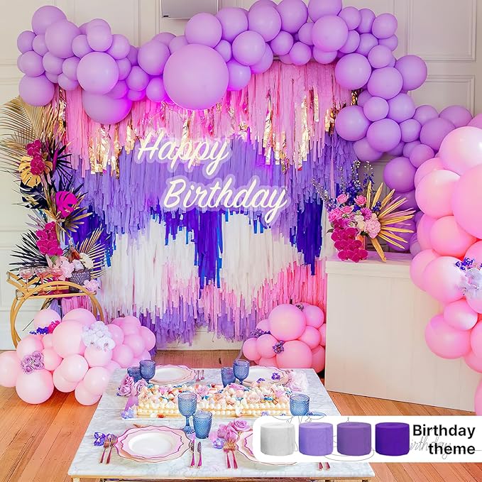 PartyWoo Crepe Paper Streamers 6 Rolls 492ft, Pack of Metallic Silver, Light Purple, Lilac, Lavender Purple, White Crepe Paper for Birthday Decorations, Baby Shower Decorations (1.8 Inch x 82 Ft/Roll)