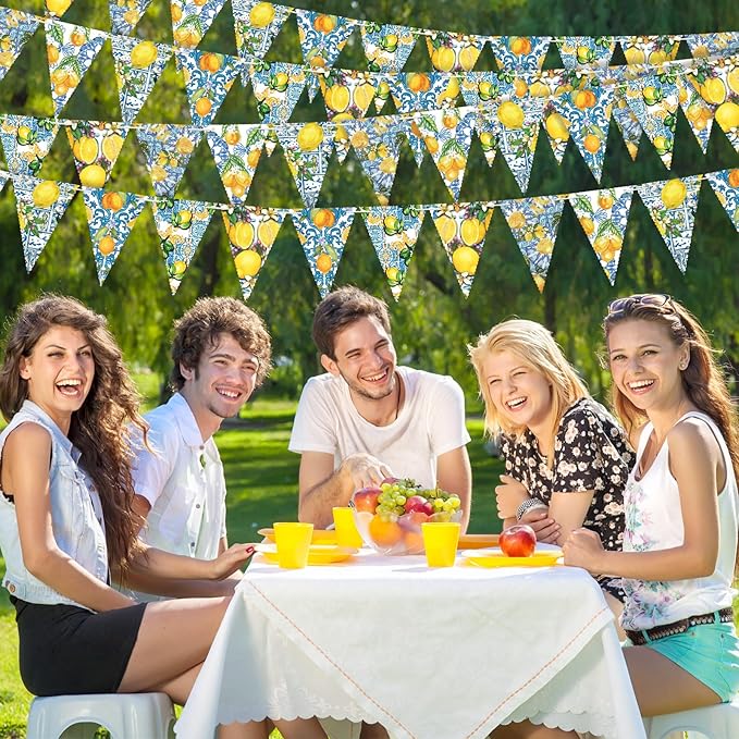 5 Pieces Blue Tiles Lemon Decor Lemon Bunting Banners Blue Tiles Paper Pennant Garlands Lemonade Hanging Triangle Flags for Wedding Birthday Bridal Shower Bachelorette Party Decorations