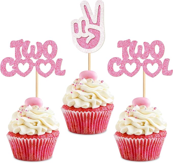 Ercadio 24 Pack Two Cool Cupcake Toppers Glitter Pink Two Cool Happy 2nd Birthday Cake Picks Baby Shower Kids Second Birthday Party Cake Decorations