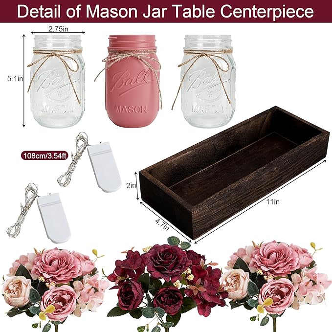 Mason Jar Centerpiece Table Decor for Dining Room Farmhouse Coffee Table Decor with Wood Tray Fairy Lights Fake Flowers for Valentine's Day Kitchen Living Dining Room - Burgundy Pink