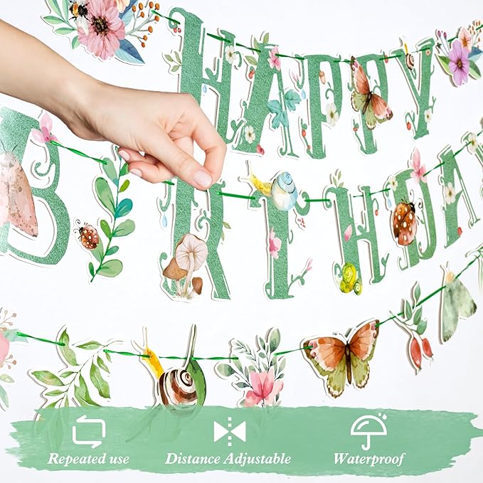 SUNBEAUTY Wildflower Happy Birthday Banner Sage Green Floral Flower Party Decorations Butterfly Flower Banner Summer Spring Butterfly Birthday for Women Girl Baby Shower Garden Tea Party Supplies | Pre-Strung