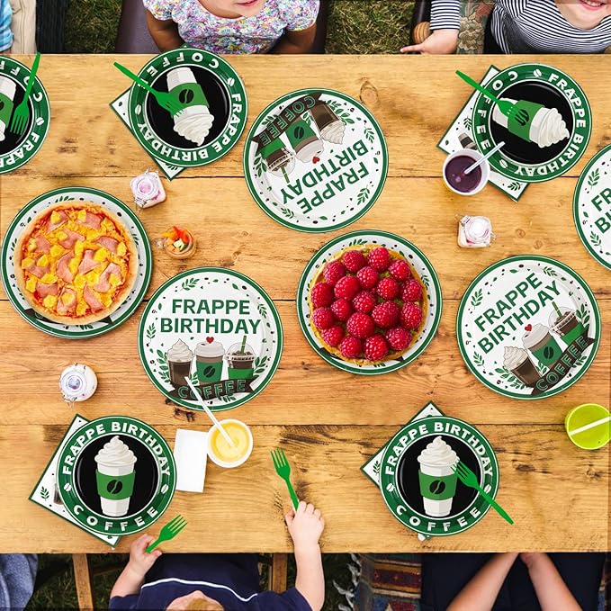 Grencian Green Coffee Birthday Party Decorations - 96Pcs Green Iced Coffee Theme Supplies Plates and Napkins Disposable Tableware Set for Latte Lover Birthday Party Decorations Serve 24