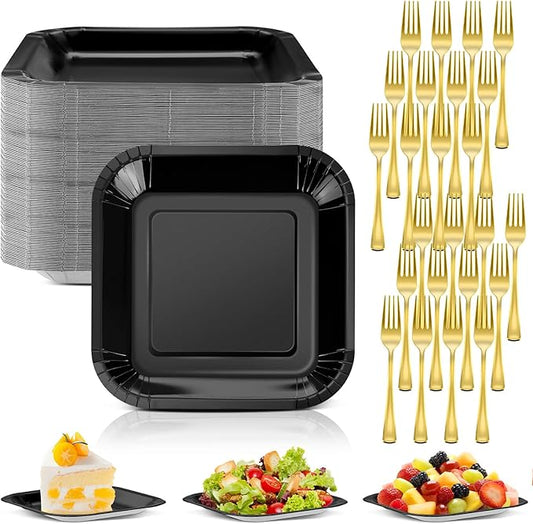 Dandat 100 Pcs 7 In Small Black Paper Plates Square Disposable Cake Plates with Plastic Dessert Forks 50 Guests Foil Tableware for Birthday Party Halloween Table Supplies