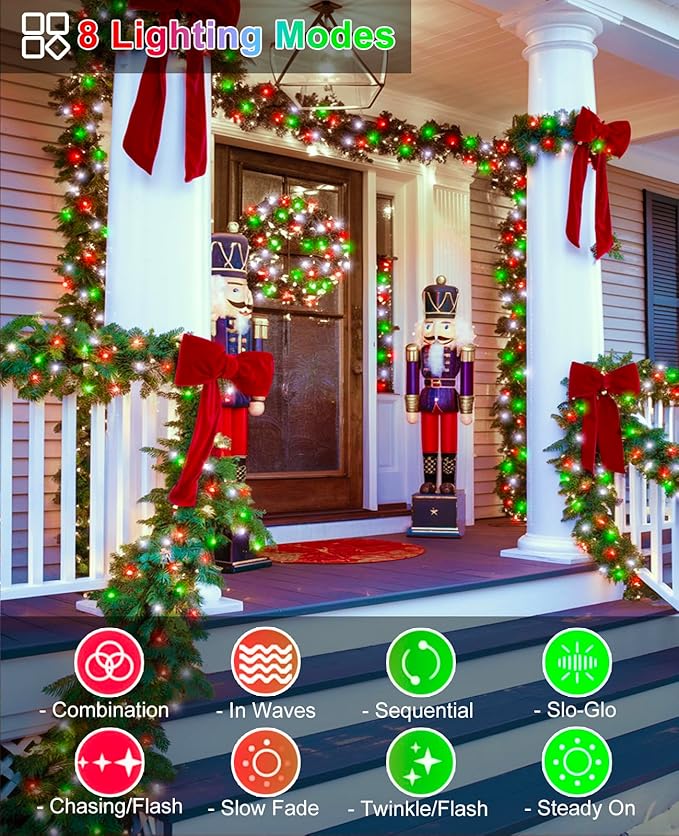 40FT 120 LED Christmas Lights Outdoor, Red White and Green Christmas String Lights Waterproof, 8 Modes & Timer, Connectable Christmas Tree Lights for Indoor House Yard Party Xmas Decorations