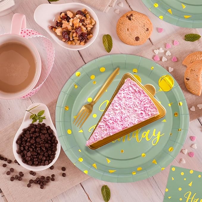 96PCS Happy Birthday Plates and Napkins Party Supplies, Sage Green and Gold Disposable Paper Plates and Napkins with Forks Tableware Set for Birthday Party Decorations 24 Guests (Birthday Sage Green)