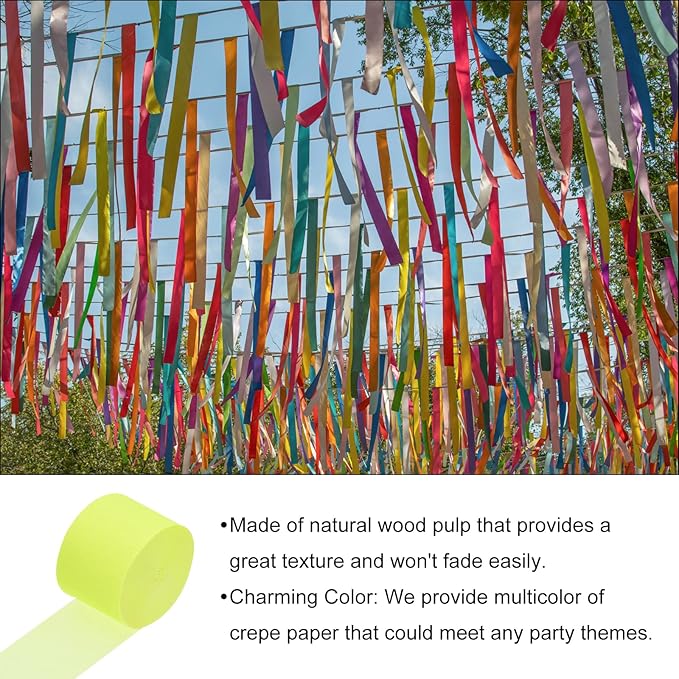 Crepe Paper Roll, Fluorescent Yellow Crepe Paper Streamers Sheets, [for Party Streamer Decorations, Birthday Party] - 1.8 Inch x 82 ft / 2 Roll