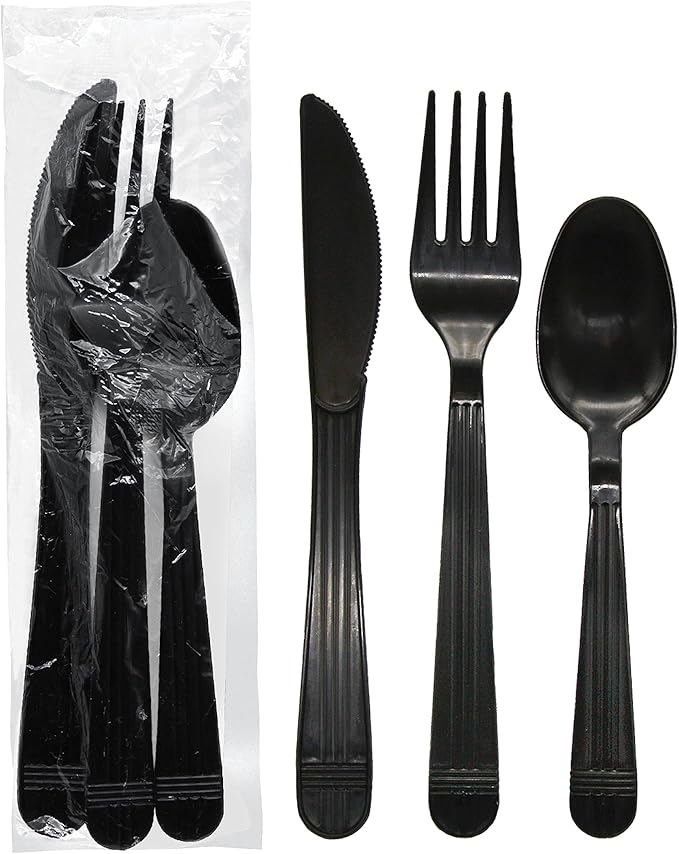 Party Essentials Individually Wrapped Black Plastic Utensil Sets/Heavy Duty Flatware Packs, Fork/Spoon/Knife, 100 Sets
