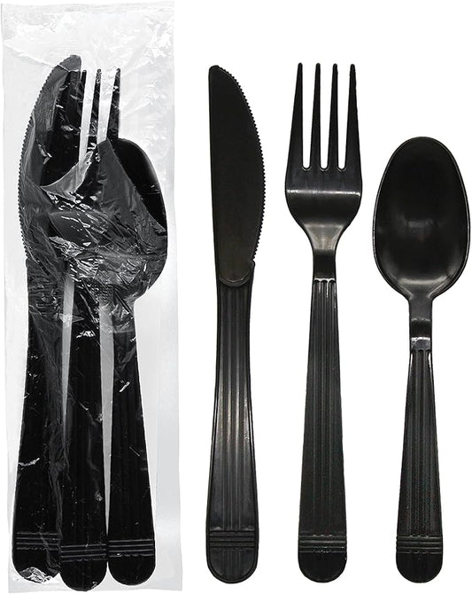 Party Essentials Individually Wrapped Black Plastic Utensil Sets/Heavy Duty Flatware Packs, Fork/Spoon/Knife, 100 Sets
