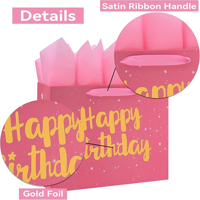 Qirrmiy 13" Large Pink Gift Bag Set with Greeting Card and Tissue Papers (Stars and Gold Foil ‘Happy Birthday’) for Women's Party, Girls' or Kids' Birthday Parties, Baby Girl, 13”x5.2”x10.2”, 1 Pcs.