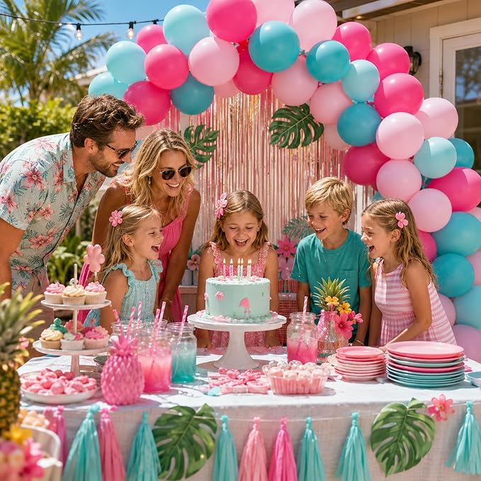 Teal and Pink Balloons, 60PCS Teal Pink Balloon Set, 12 Inch Blue Rose Red White Latex Metallic Confetti Balloons for Baby Shower Birthday Wedding Bridal Shower Hawaii Summer Party Decor
