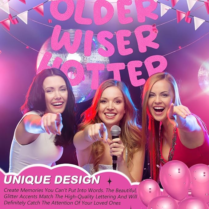 Fulmoon Set of 3 Pre Strung Older Wiser Hotter Glitter Banner Funny Birthday Banner for Women 30th 40th 50th 60th 70th 80th Birthday Party Decorations Sign Gift(Light Pink)