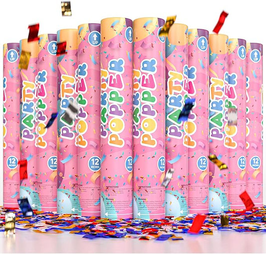 Confetti Poppers Confetti Cannon | 12 Pack | Glitter Multicolor | Party Poppers for Graduation, Birthday, Wedding | Alternative to Fireworks Smoke Bombs | Launches 25 ft | 12 inch | TUR Party Supplies