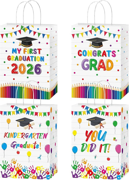 MOIZYNG 16PCS Kindergarten Graduation Gift Bags, White Class of 2026 My First Graduation Paper Snack Treat Candy Goodie Bags with Handles for Boys Girls Students Graduation Party Favors