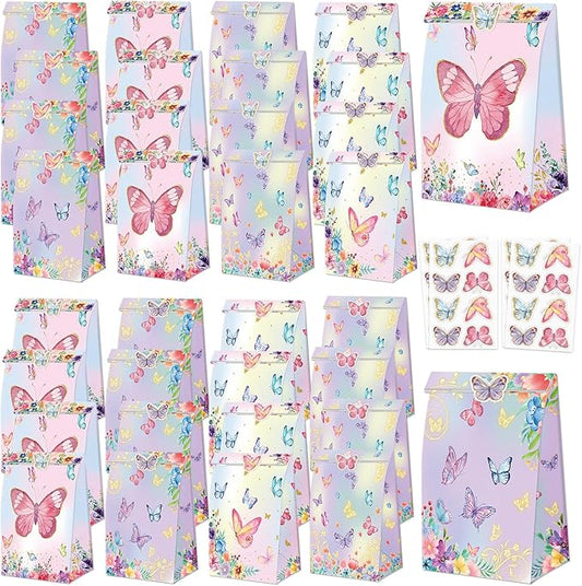 XJLANTTE Butterfly Party Gift Pack - 40 Pcs Goodie Bags with Stickers, Colored Paper Treat Bags for Kids Birthday Parties