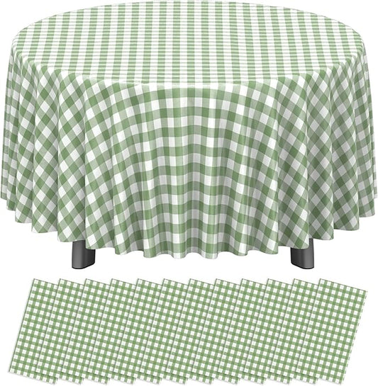 12 Pack Sage Green Plastic Checkered Tablecloth Round, Premium Decorative Disposable Sage Green Gingham Plaid Table Cloths for Parties, Round Party Table Cover for Baby Shower Picnic Birthday, 84 Inch