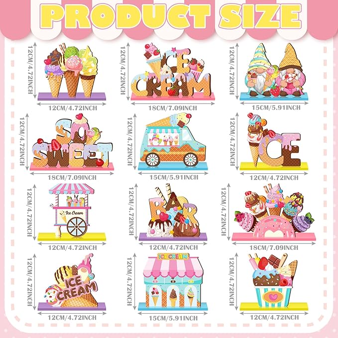 Marsui 12 Pcs Ice Cream Table Wooden Decorations Summer Ice Cream Table Centerpiece Tiered Tray Decor Signs Party Decorations Truck Gnome Home Decor for Summer Birthday Party Supplies