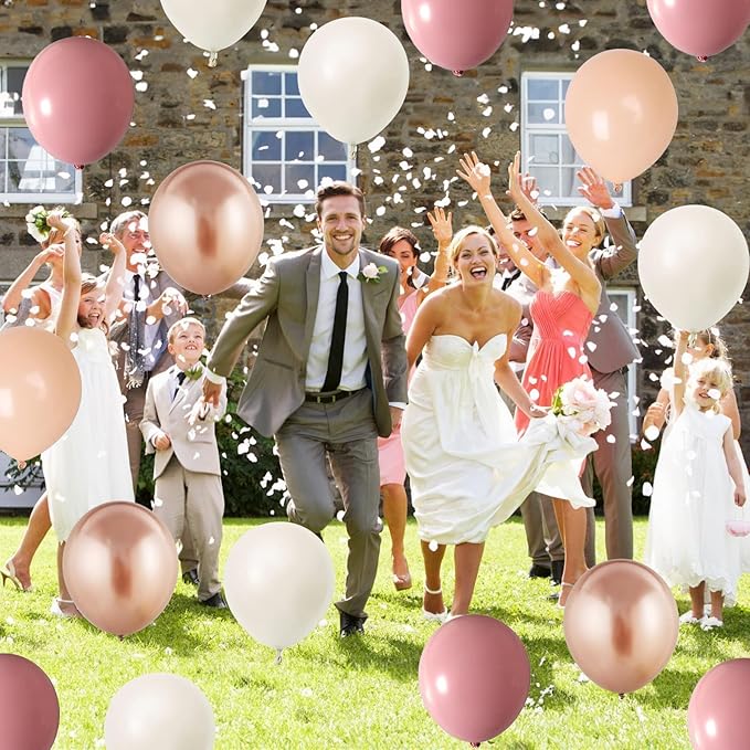 Retro Pink Balloons, 12 Inch Dusty Pink Metallic Gold White Balloons, Blush Beige Neutral Nude Chrome Champagne Gold Latex Balloon for Women Boho Birthday Wedding Baby Bridal Shower Party Mothers Day