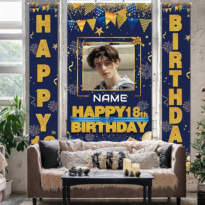 Custom Photo Birthday Banner Set Personalized Name Door Banners Fabric Backdrop Birthday Decorations Party Supplies Background for Indoor Outdoor Front Door Sign(Blue and Gold)