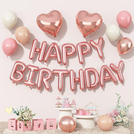 Happy Birthday Balloon Banner Rose Gold, 16 Inch Mylar Letters Rose Gold Heart Foil Balloons Dusty Blush Pink Nude Metallic Ivory Balloons Boho Neutral Birthday Decorations for Girls Women