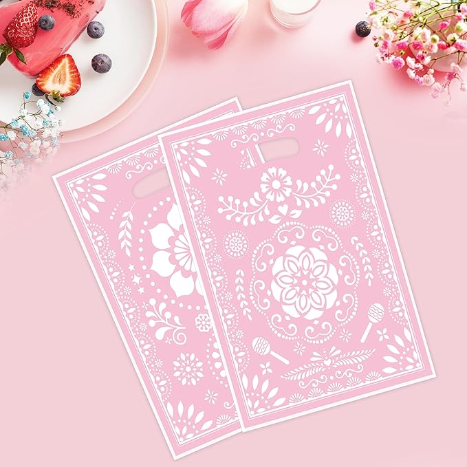 MOIZYNG 50 Pcs Cielito Lindo Candy Bags, Pink Floral Plastic Gift Goodie Party Favor Bags with Handles, Mexican Fiesta Party Decorations for Birthday Cinco de Mayo Wedding Baby Shower Supplies