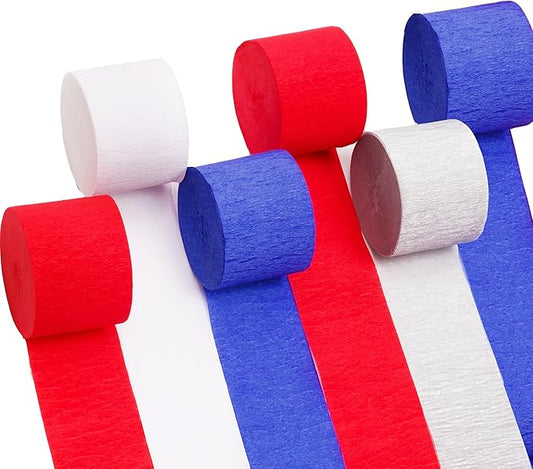 Crepe Paper Streamers 6 Rolls 492ft, Pack of Red Blue White Party Streamers for USA Decorations, American Party Decorations,4th of July Decorations (1.8 Inch x 82 Ft/Roll)