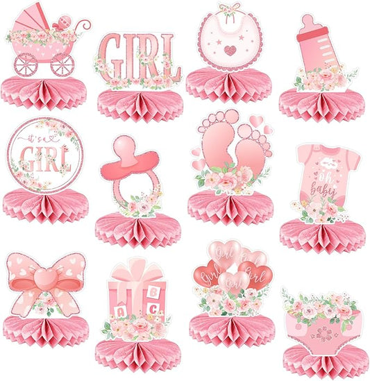 It's a Girl Baby Shower Decorations - 12 Pcs Pink Honeycomb Centerpieces for Tables, Pink Floral Baby Shower Table Decorations for Girl, Gender Reveal Party Supplies, Baby Shower Toppers