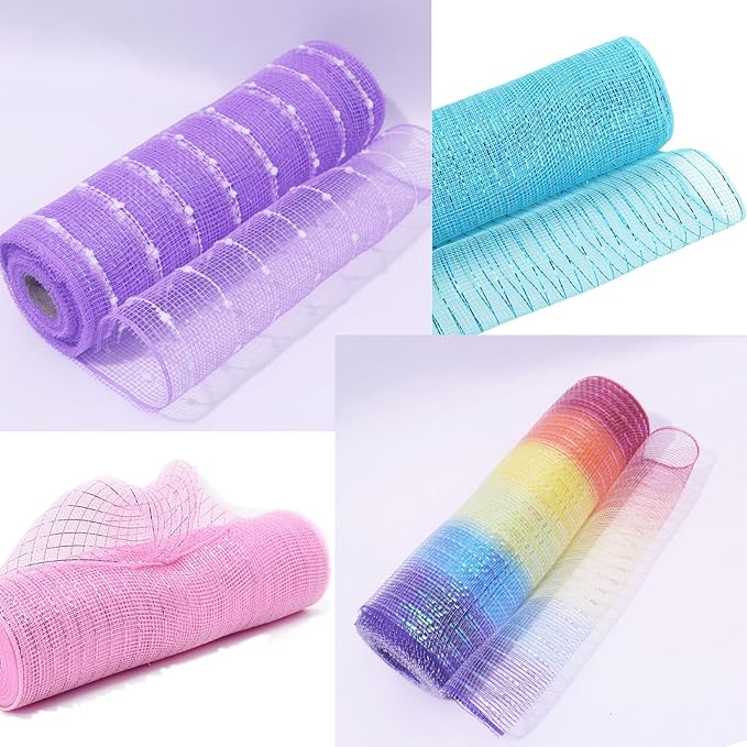 5 Rolls Easter Mesh Ribbon for Wreath, 10 Inch x 30FT Per Roll Metallic Foil Deco Mesh Rolls Light Pink Blue Yellow Purple Snowball Rainbow Decorative Mesh for Spring Easter Baby Shower Decor