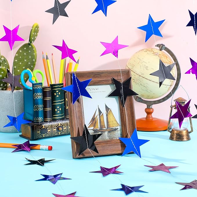 Patelai Glitter Star Garland Banner 2026 Graduation Decor 130 Feet Star Hanging Banner Twinkle Backdrop for Party Birthday Classroom Wedding Supplies(Blue,Black,Purple)