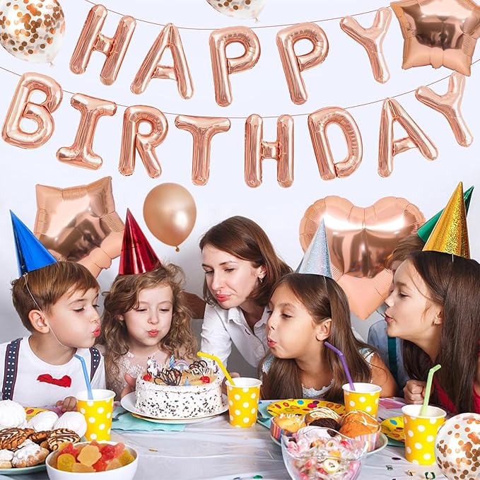 CANREVEL Happy Birthday Balloons Banner 16 Inch Mylar Foil Letters with Star & Heart Balloons Birthday Party Decorations for Men and Women - 30 Pcs Rose Gold