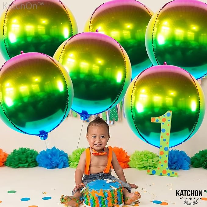 KatchOn, Metallic Ombre Balloons 22 Inch - Pack of 6 | Round 360 Degree 4D Rainbow Balloons | Gradient Rainbow Balloon for Mardi Gras Decorations | Tie Dye Balloons for Mardi Gras Birthday Decorations