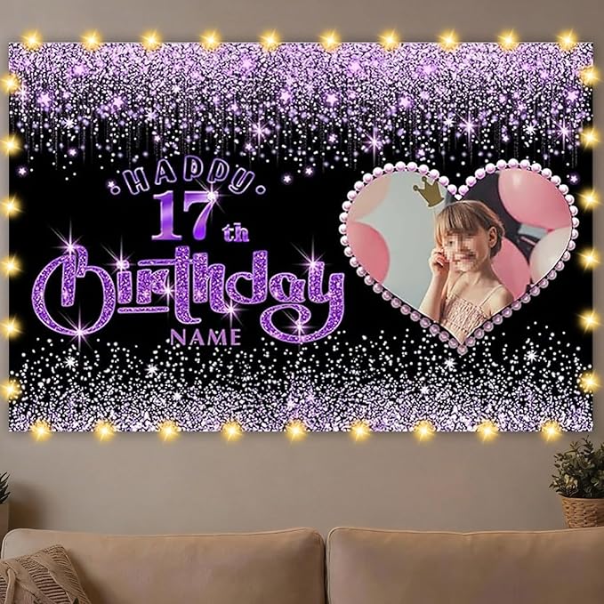 Dicodes Customizable Happy Birthday Decoration Banner - Black and Purple Shiny - Large Size
