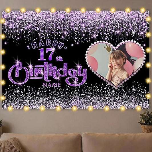 Dicodes Customizable Happy Birthday Decoration Banner - Black and Purple Shiny - Large Size
