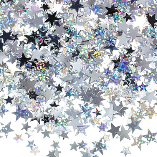 Hestya Star Confetti Glitter Table Confetti Metallic Foil Stars for Graduation Wedding Birthday Party Decorations(Silver Set,10mm and 6mm,60g)