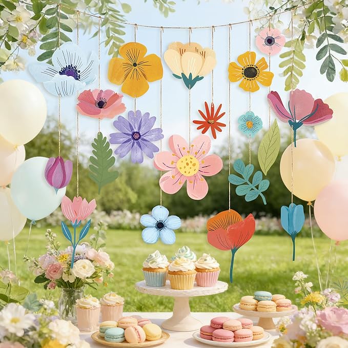 19 PCS Spring Flower Hanging Garland Decorations, DIY Flower Hanging Banner, Floral Ceiling Backdrop Decor for Birthday, Baby Shower, Garden Party Decor