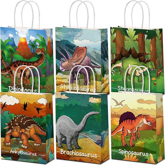 Pajean 24 Pcs Dinosaur Candy Bags with Handle, Dinosaur Party Favor Paper Bags Kids Gifts Goodie Treat Wrapping for Boys Girls Dino Theme Birthday Baby Shower Party Supplies(Vivid Style)