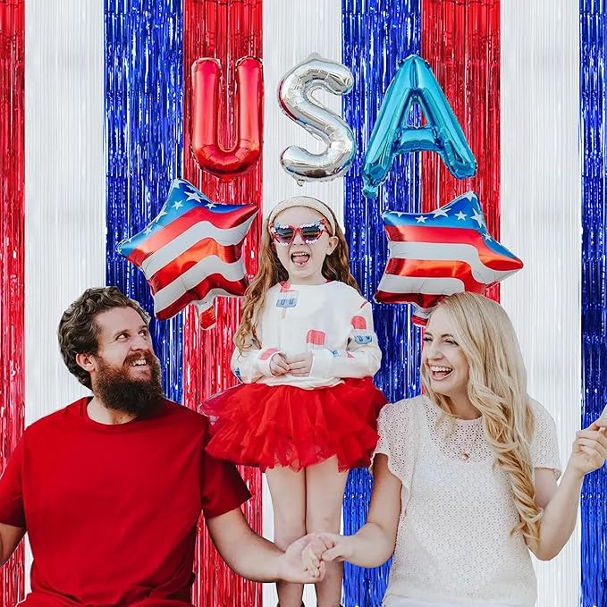 BEISHIDA 3 Pcs Red Blue White Door Streamers Curtain July 4th Party Streamers Backdrop 4th of July Party Wall Background for Party Decoration Photo Booth Props(3.28 ft x 6.56 ft)