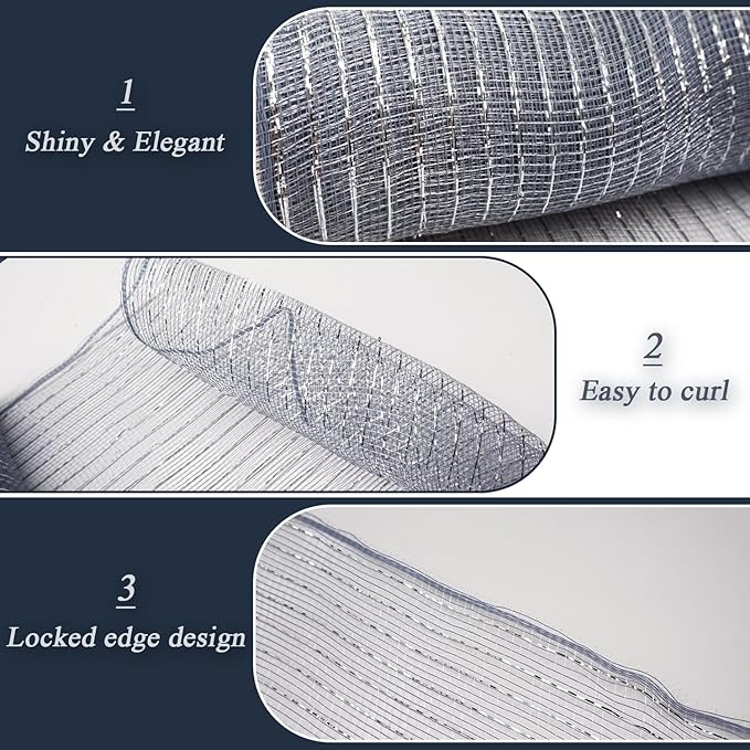 2 Pcs Silver Deco Mesh Ribbon Rolls 10 Inch 10 Yards(30 ft) Decorative Mesh Fabric with Foil for Wreaths Christmas Tree Ribbon Door DIY Craft Halloween Decor Wedding Party Supplies (Silver, 2Pcs)
