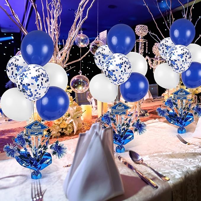 4 PCS Graduation Centerpieces for Tables Balloons Stand Holder Kit College Graduation Decorations 2026 Metallic Glitter Foil Balloon for Graduation Party Decorations Prom Send off Party(4, Blue White)
