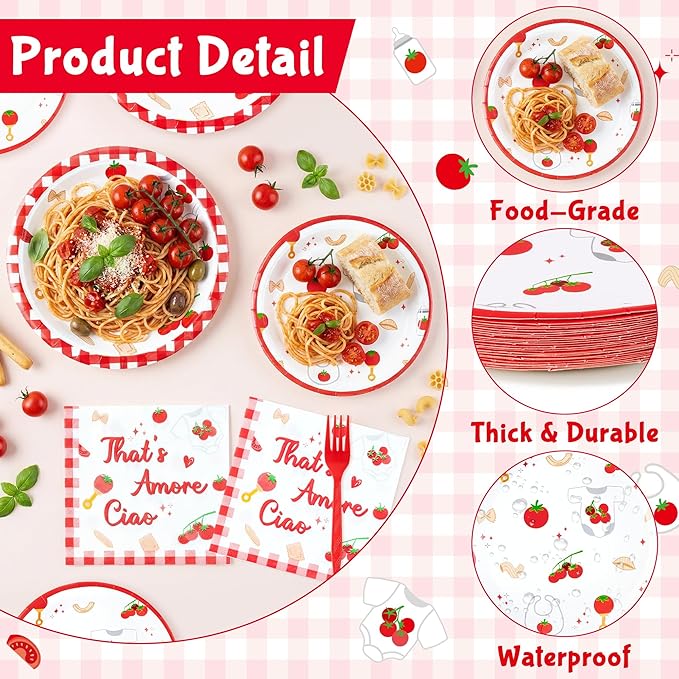 Haooryx Baby Pasta Noodle Party Tableware - 96 Pcs Red Tomato Italian Noodle Baby Print Decor Disposable Paper Plates Napkins Plastic Forks for Baby Shower Boys Girls Birthday Party Table Decor Supply