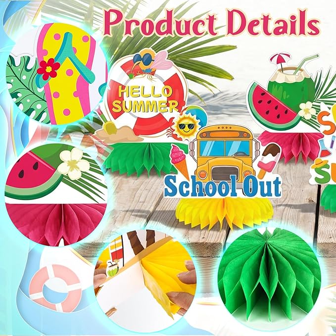 9 Pcs School Out for Summer Honeycomb Centerpieces Hello Summer Table Decorations Beach Palm Tree Surfboard School Bus Hawaiian Luau Party Supplies for Schools Classroom Summers Vacation Decor