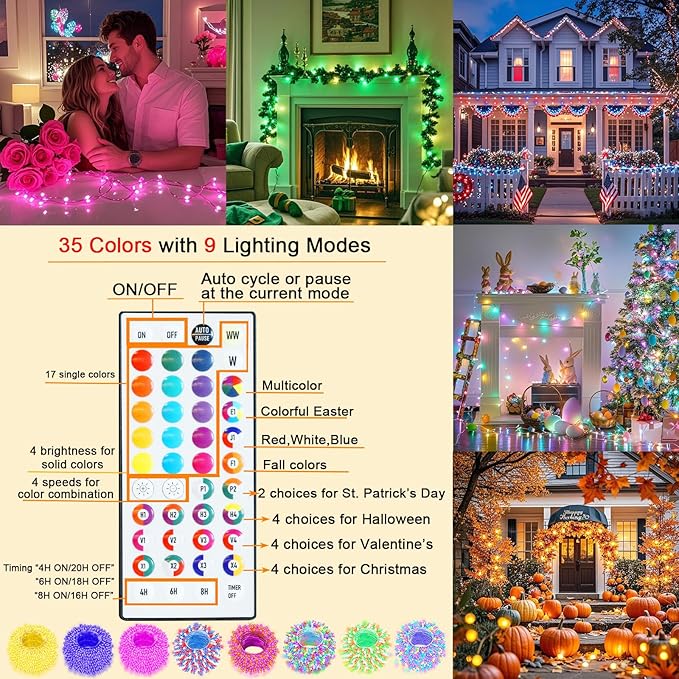 Pooqla Color Changing Christmas String Lights with Remote, 35 Colors 66FT 200LED String Lights Outdoor Patriotic Decoration, Indoor Connectable 4th of July Lights Plug in for Memorial Day Decoration